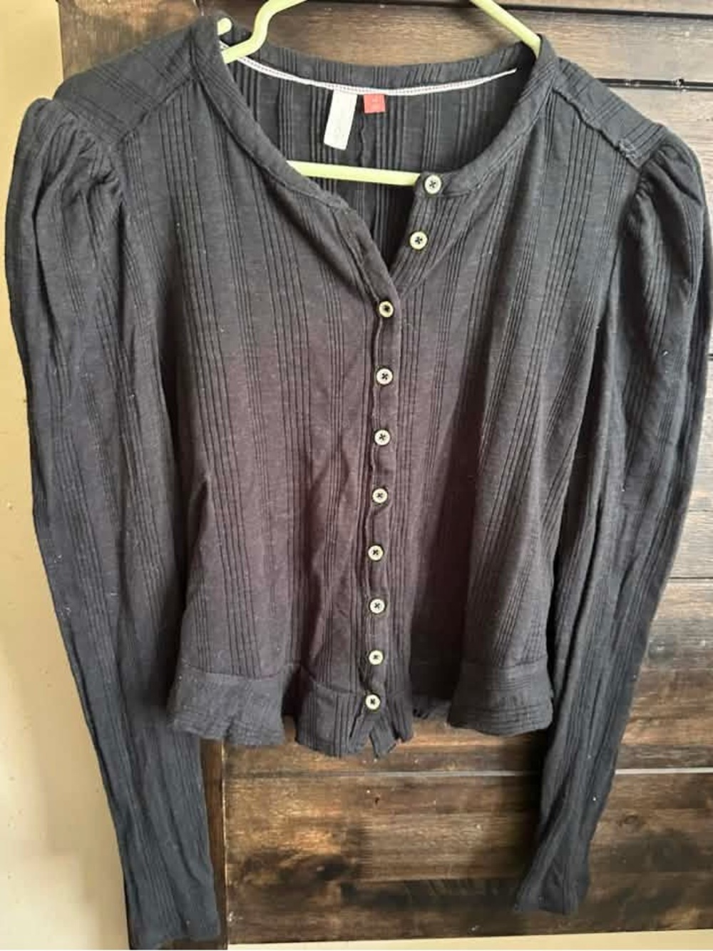 Anthropologie Dark Gray Ribbed Button-Front Puff-Sleeve Top